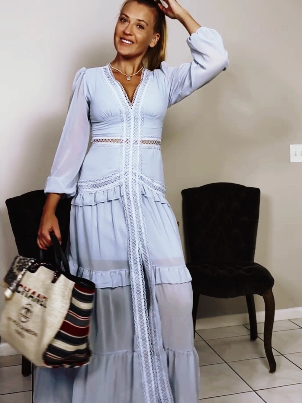 Light Blue Lace-Trim Maxi Dress - Women
